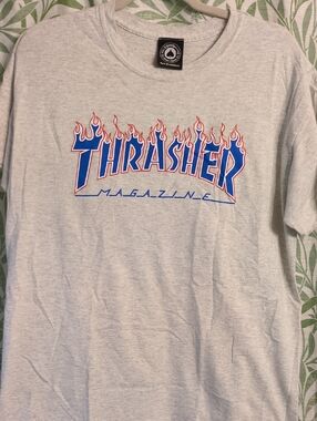 Thrasher Light Gray Tee with Blue Logo and Red Flame